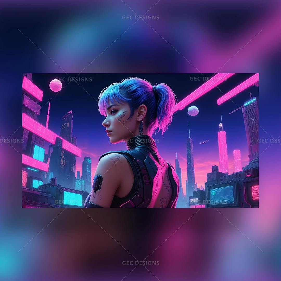 Anime Cyber Girl, Neon City AI generated Wallpaper Image