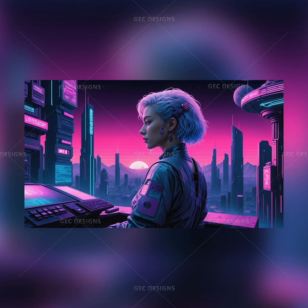 Anime Girl standing in a Cyberpunk style Neon City background AI Generated Image