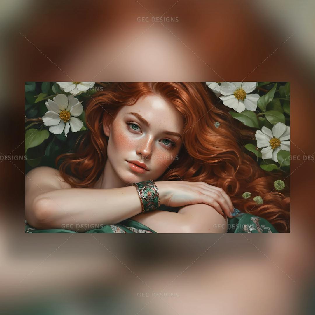 Caucasian woman with a sensual facial expression, emotional beauty with wavy red hair