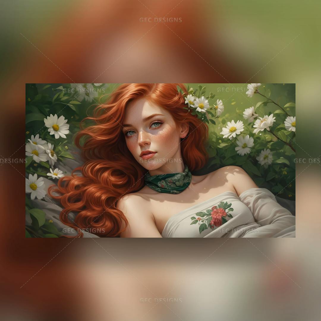 Caucasian Young girl with wavy red hair and blossoming orchard wildflower wallpaper