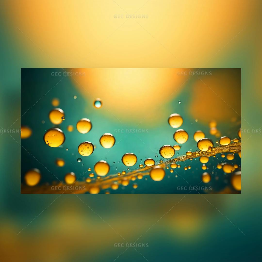 Glowing Yellow Water droplets, reflecting sunlight, natural color mixture, widescreen wallpaper