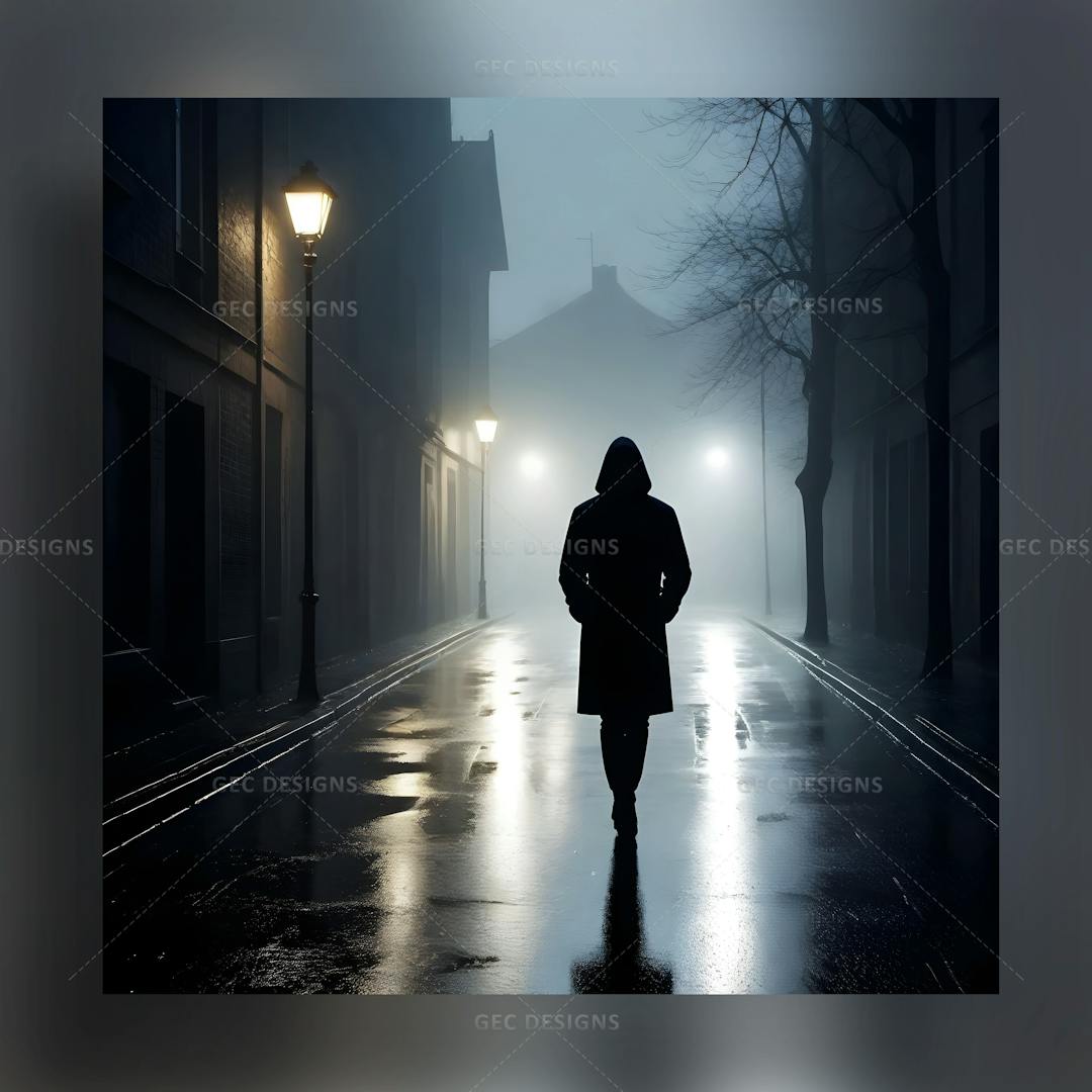 Man walking alone in a dark city on a rainy night
